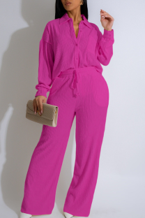 Rose Red Casual Solid Color Buckle Turndown Collar Long Sleeve Two Pieces