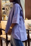 Blue Casual Stripe Buckle Shirt Collar Tops