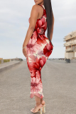 Blue White Casual Print V Neck Long Dresses