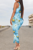 Blue White Casual Print V Neck Long Dresses
