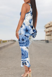 Blue White Casual Print V Neck Long Dresses