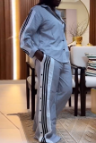 Grey Casual Stripe Buckle Turndown Collar Long Sleeve Two Pieces