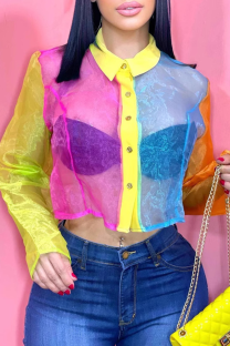 Multicolor Sexy See-Through Contrast Turndown Collar Tops
