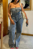 Blue Sexy Solid Color Pocket Strapless Loose Jumpsuits