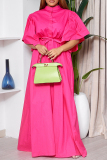 Tangerine Casual Solid Color Buckle Strap Design O Neck Long Dresses