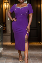Purple Elegant Solid Color Slit Beading Asymmetrical Collar Long Dresses