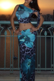 Blue Elegant Print Patchwork Oblique Collar Sleeveless Two Pieces