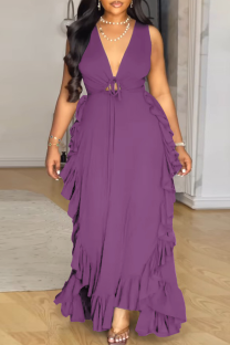 Purple Sexy Solid Color Strap Design Ruffled Trim V Neck Long Plus Size Dresses