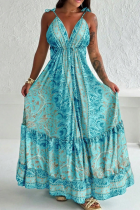 Blue Elegant Print Strap Design Spaghetti Strap Long Plus Size Dresses
