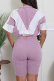 Black Casual Zipper Contrast Zipper Collar Short Sleeve Two Pieces