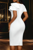 White Elegant Solid Color Flounce Asymmetrical Collar Wrapped Skirt Dresses