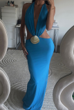 Blue Sexy Solid Color Hollow Out Deep V Neck Long Dresses
