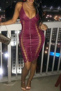 Purple Sexy Solid Color Cross Straps Zipper Spaghetti Strap Wrapped Skirt Dresses