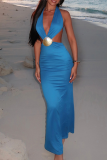 Blue Sexy Solid Color Hollow Out Deep V Neck Long Dresses