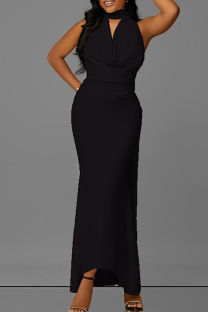 Black Elegant Solid Color Patchwork V Neck Long Dresses