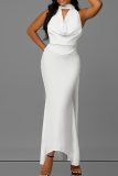 White Elegant Solid Color Patchwork V Neck Long Dresses