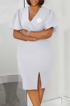 White Elegant Solid Color Slit V Neck Wrapped Skirt Dresses