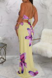 Light Blue Sexy Print Hollow Out Backless Halter Sleeveless Two Pieces