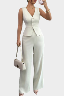 White Casual Solid Color Buckle V Neck Sleeveless Two Pieces