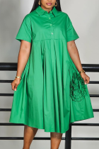 Green Casual Solid Color Buckle Flower Shape Turndown Collar Long Dresses