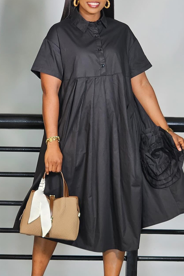 Black Casual Solid Color Buckle Flower Shape Turndown Collar Long Dresses