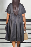 Black Casual Solid Color Buckle Flower Shape Turndown Collar Long Dresses