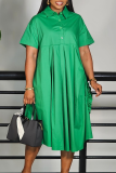 Black Casual Solid Color Buckle Flower Shape Turndown Collar Long Dresses