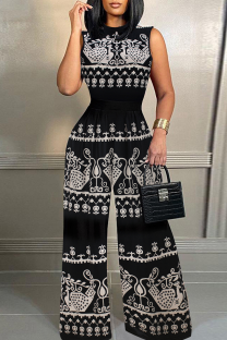 Black Casual Print O Neck Plus Size Jumpsuits