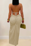 Orange Sexy Solid Color Hollow Out Backless Halter Long Dresses