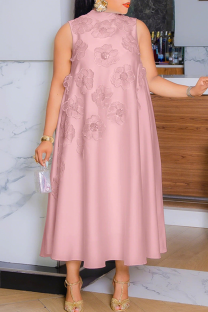 Pink Casual Solid Color Strap Design Flower Shape O Neck Long Dresses