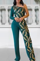 Green Casual Sequins Oblique Collar Regular Jumpsuits