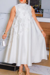 White Casual Solid Color Strap Design Flower Shape O Neck Long Dresses
