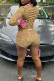 Pink Sexy Leopard Print Draw String Zipper Contrast Zipper Collar Long Sleeve Two Pieces
