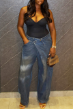 Blue Casual Daily Solid Color Buttons Mid Waist Loose Denim Jeans
