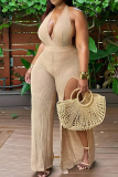 Khaki Sexy Solid Color Backless High Slit Halter Regular Jumpsuits
