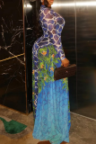 Turquoise Casual Print Patchwork O Neck Long Dresses