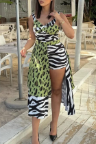 Green Sexy Print High Slit Spaghetti Strap Irregular Dresses