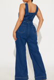 Blue Sexy Solid Color Buckle U Neck Sleeveless Bodycon Denim Jumpsuits
