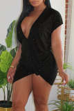 Black Sexy Solid Color Ripped Deep V Neck Wrapped Skirt Dresses