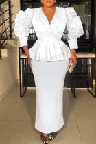 White Prom Elegant Solid Color With Belt Stringy Selvedge V Neck Evening Plus Size Dresses