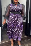 Red Casual Leopard Print Feathers With Belt Turndown Collar Long Plus Size Dresses