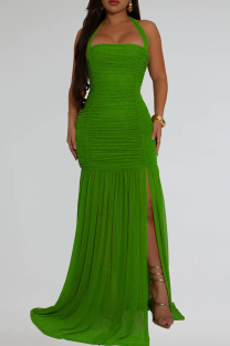 Green Elegant Solid Color High Slit Halter Long Dresses