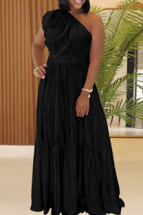 Black Casual Solid Color Ruched Oblique Collar Long Dresses