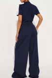Deep Blue Casual Solid Color Buckle Zipper Contrast Zipper Collar Long Sleeve Two Pieces