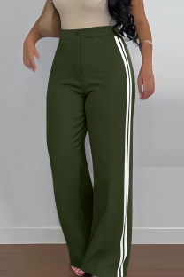 Army Green Casual Stripe Contrast Loose Mid Waist Conventional Patchwork Bottoms