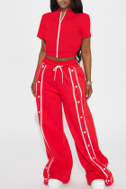 Red Casual Solid Color Buckle Zipper Contrast Zipper Collar Long Sleeve Two Pieces