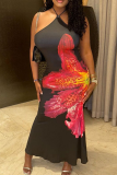 Black Sexy Print Backless Halter Long Dresses