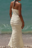 Apricot Sexy Solid Color Backless Halter Long Dresses