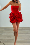 Red Sexy Solid Color Ruched Strapless Wrapped Skirt Dresses