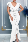 Rose Red Elegant Solid Color Slit Flounce V Neck Evening Dresses